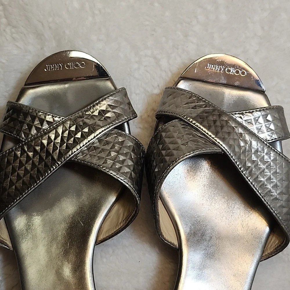 Jimmy Choo Silver Metallic Embossed Leather Panna Cork Slides Size 37.5